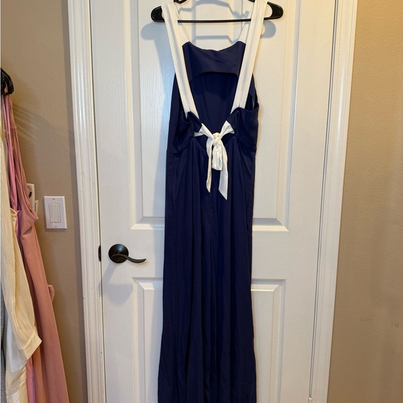 Anthropologie Pants - Anthropologie Navy Blue White Strap Wide Leg Jumpsuit Size M